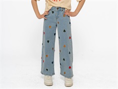 Kids ONLY light medium blue denim/embroidered blue hearts wide jeans